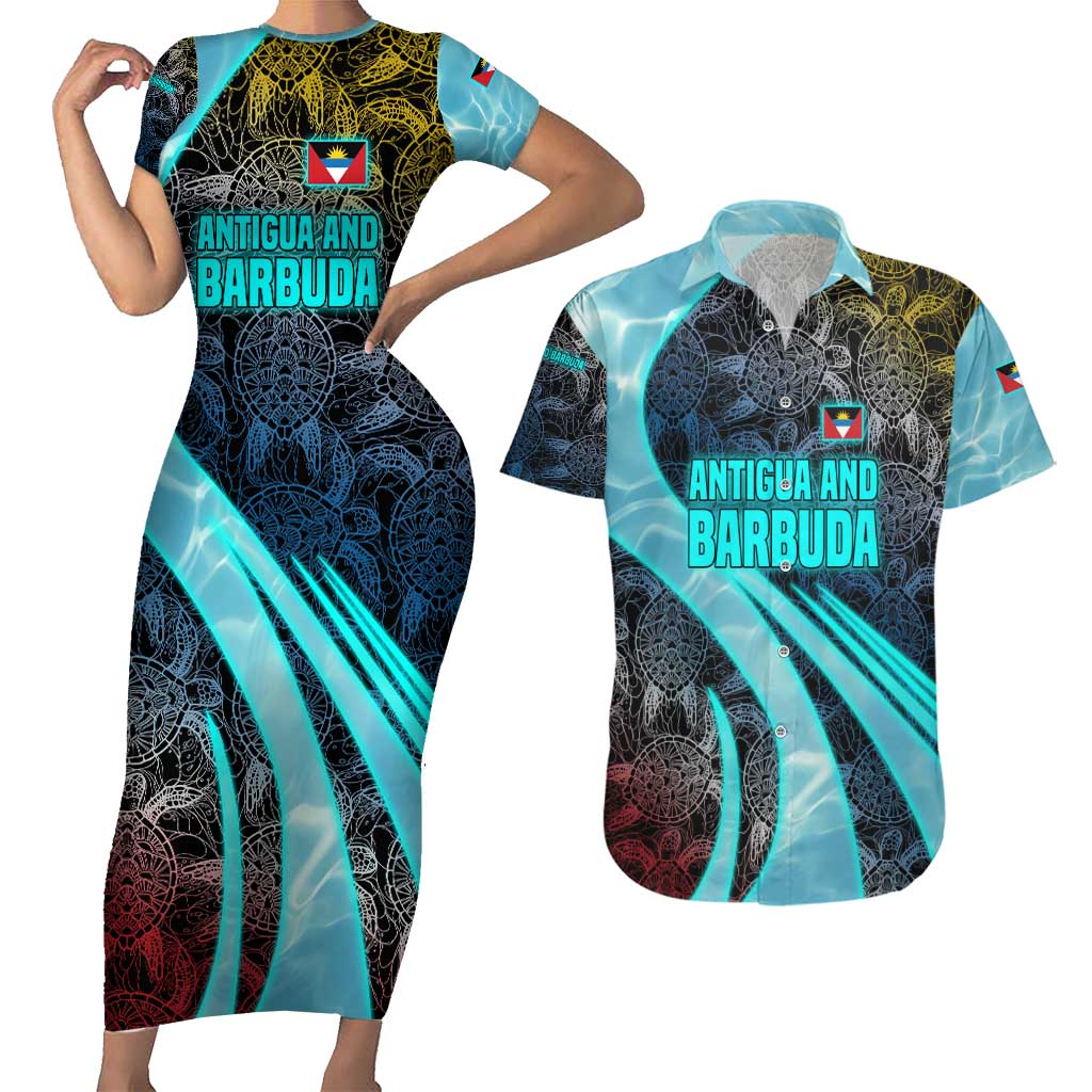 Antigua and Barbuda Sea Turtle Couples Matching Short Sleeve Bodycon Dress and Hawaiian Shirt with Tribal Mandala Design with Ocean Waves and National Flag - Wonder Print Shop