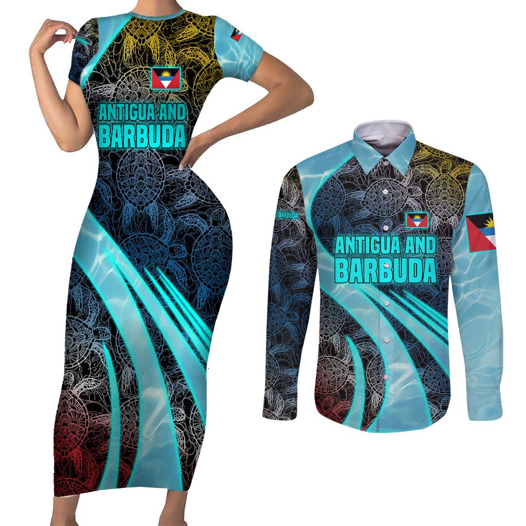 Antigua and Barbuda Sea Turtle Couples Matching Short Sleeve Bodycon Dress and Long Sleeve Button Shirt with Tribal Mandala Design with Ocean Waves and National Flag - Wonder Print Shop
