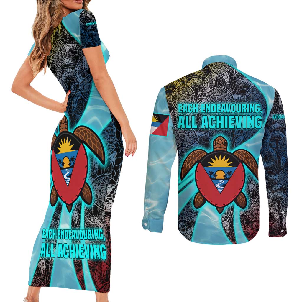 Antigua and Barbuda Sea Turtle Couples Matching Short Sleeve Bodycon Dress and Long Sleeve Button Shirt with Tribal Mandala Design with Ocean Waves and National Flag - Wonder Print Shop