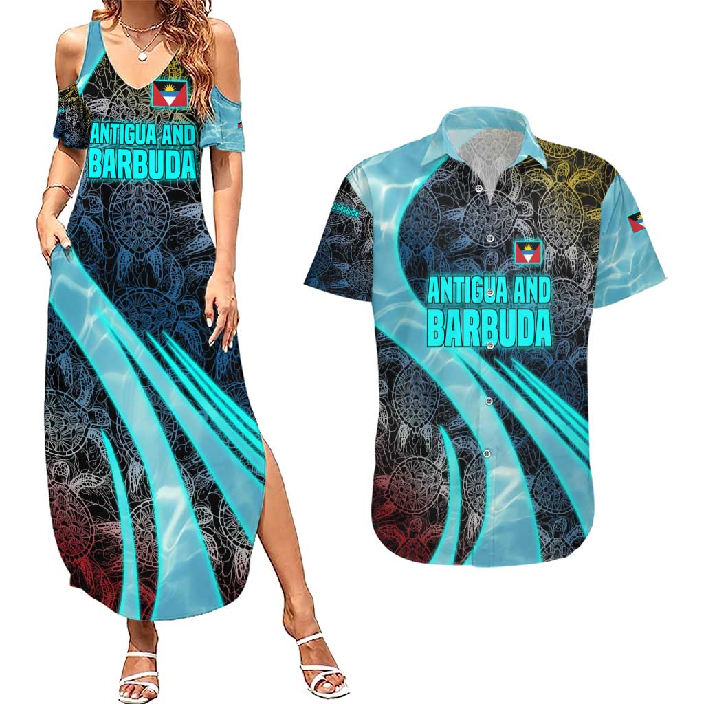 Antigua and Barbuda Sea Turtle Couples Matching Summer Maxi Dress and Hawaiian Shirt with Tribal Mandala Design with Ocean Waves and National Flag - Wonder Print Shop