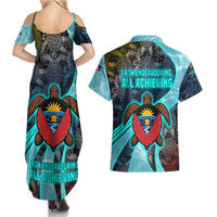 Antigua and Barbuda Sea Turtle Couples Matching Summer Maxi Dress and Hawaiian Shirt with Tribal Mandala Design with Ocean Waves and National Flag - Wonder Print Shop