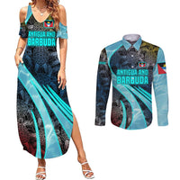 Antigua and Barbuda Sea Turtle Couples Matching Summer Maxi Dress and Long Sleeve Button Shirt with Tribal Mandala Design with Ocean Waves and National Flag - Wonder Print Shop