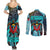 Antigua and Barbuda Sea Turtle Couples Matching Summer Maxi Dress and Long Sleeve Button Shirt with Tribal Mandala Design with Ocean Waves and National Flag - Wonder Print Shop
