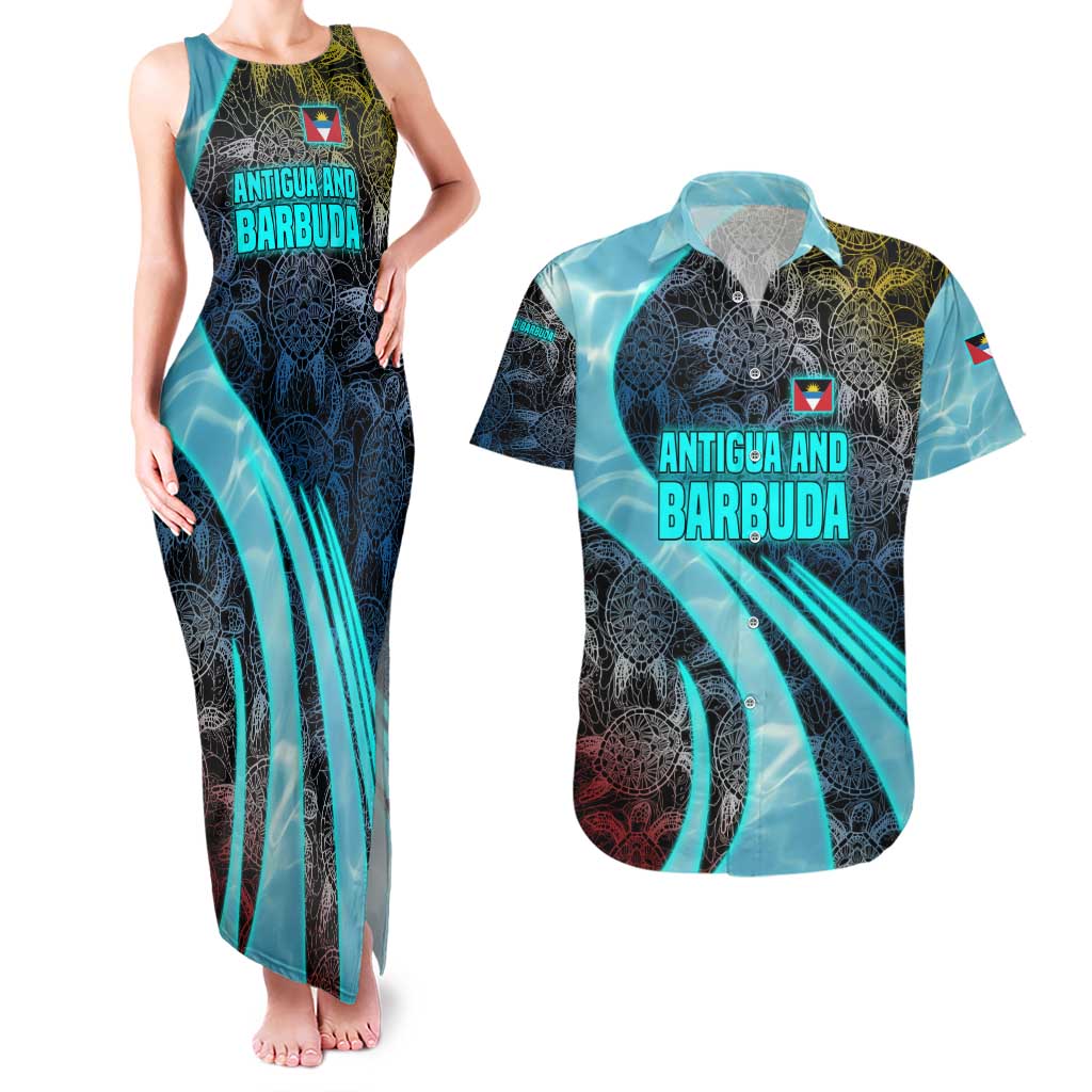 Antigua and Barbuda Sea Turtle Couples Matching Tank Maxi Dress and Hawaiian Shirt with Tribal Mandala Design with Ocean Waves and National Flag - Wonder Print Shop