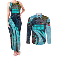 Antigua and Barbuda Sea Turtle Couples Matching Tank Maxi Dress and Long Sleeve Button Shirt with Tribal Mandala Design with Ocean Waves and National Flag - Wonder Print Shop