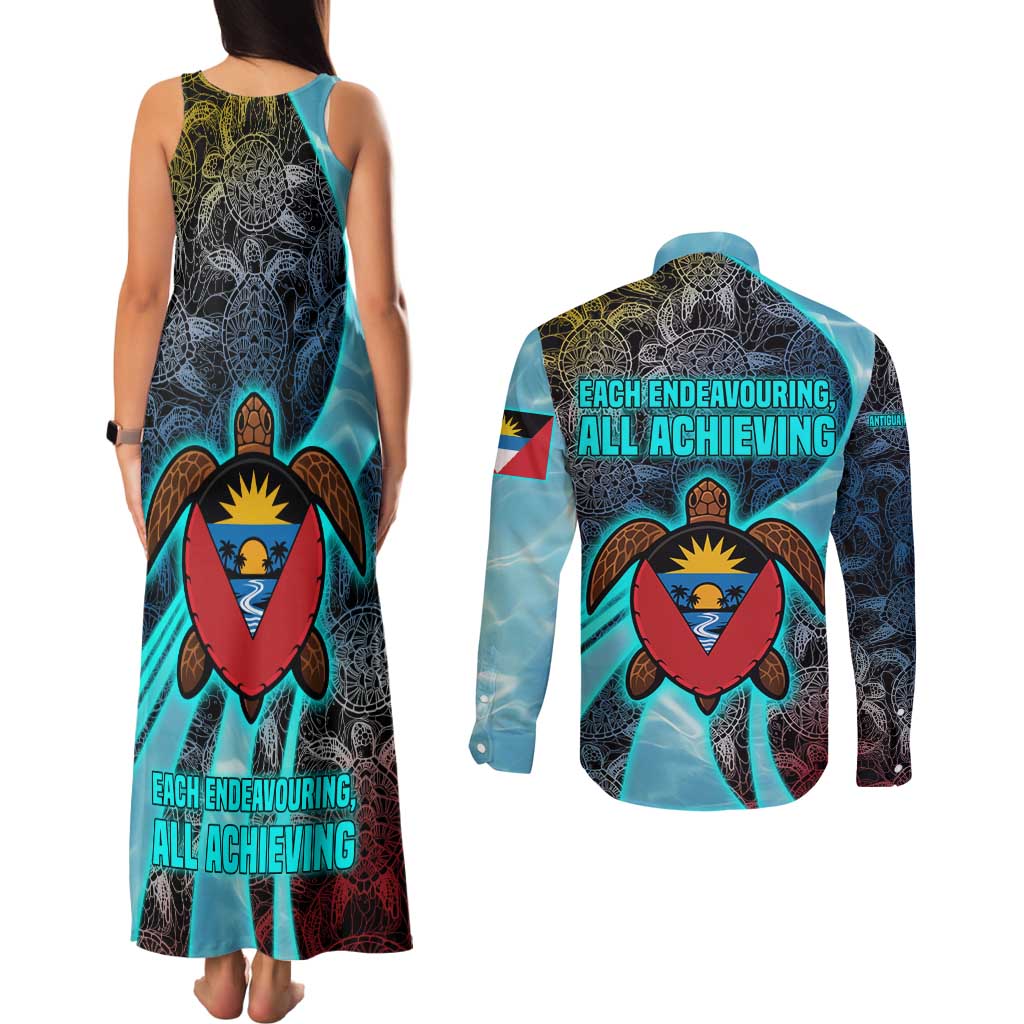 Antigua and Barbuda Sea Turtle Couples Matching Tank Maxi Dress and Long Sleeve Button Shirt with Tribal Mandala Design with Ocean Waves and National Flag - Wonder Print Shop