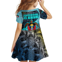 Antigua and Barbuda Sea Turtle Family Matching Long Sleeve Bodycon Dress and Hawaiian Shirt with Tribal Mandala Design with Ocean Waves and National Flag - Wonder Print Shop
