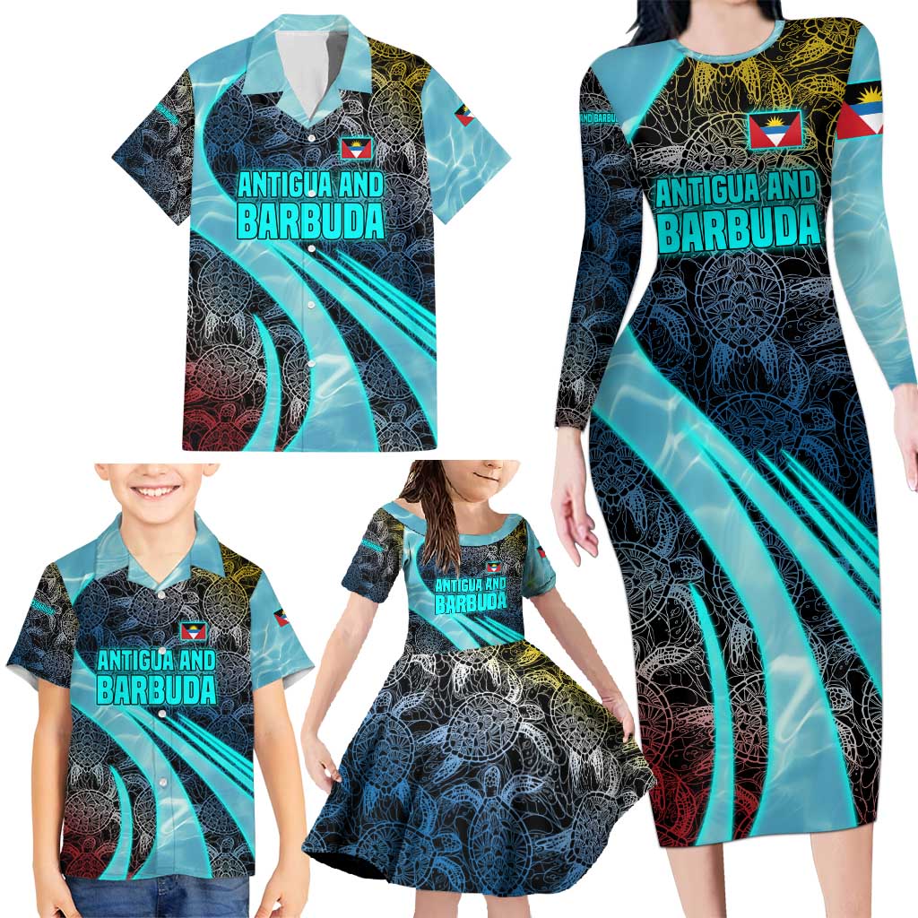 Antigua and Barbuda Sea Turtle Family Matching Long Sleeve Bodycon Dress and Hawaiian Shirt with Tribal Mandala Design with Ocean Waves and National Flag - Wonder Print Shop