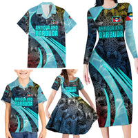 Antigua and Barbuda Sea Turtle Family Matching Long Sleeve Bodycon Dress and Hawaiian Shirt with Tribal Mandala Design with Ocean Waves and National Flag - Wonder Print Shop