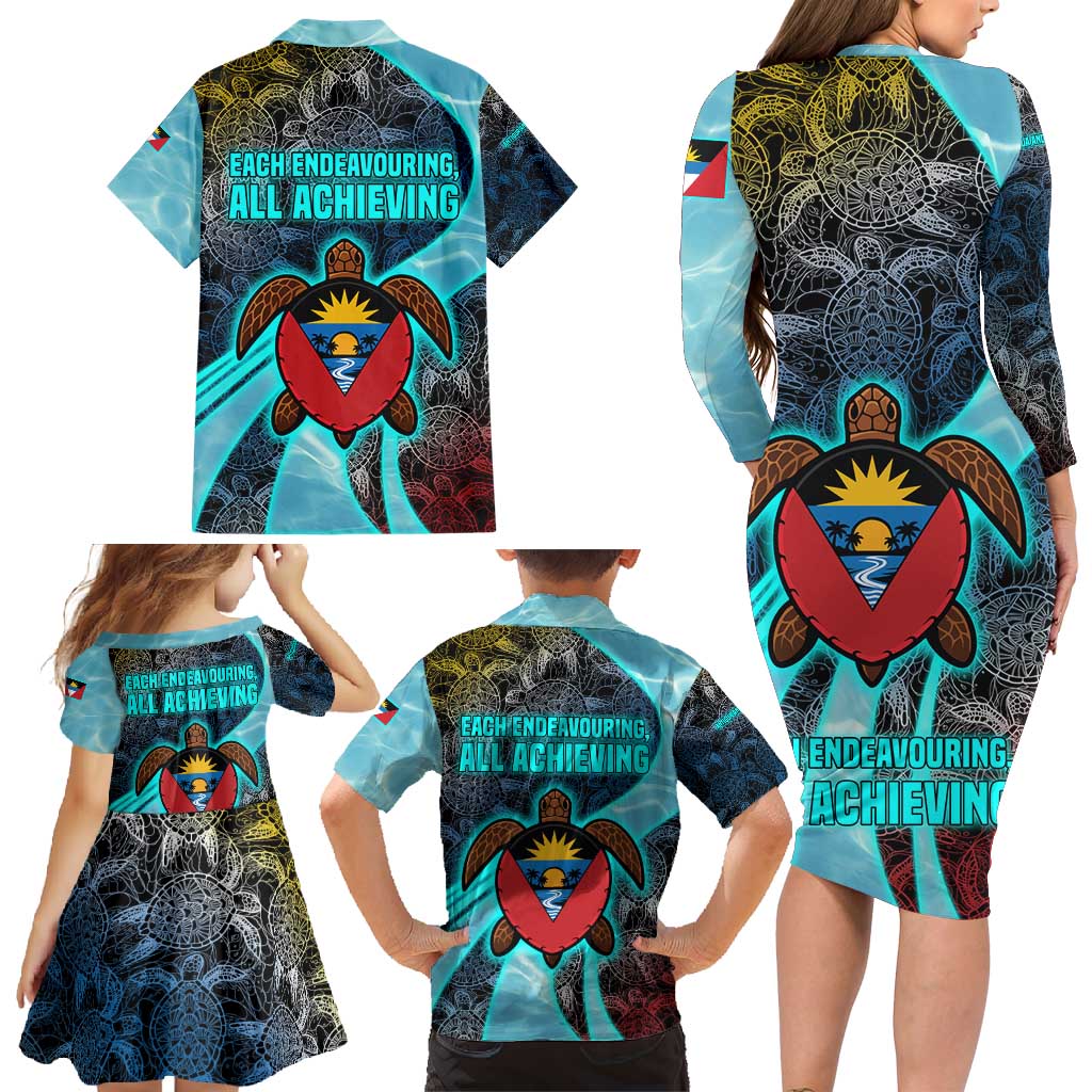 Antigua and Barbuda Sea Turtle Family Matching Long Sleeve Bodycon Dress and Hawaiian Shirt with Tribal Mandala Design with Ocean Waves and National Flag - Wonder Print Shop