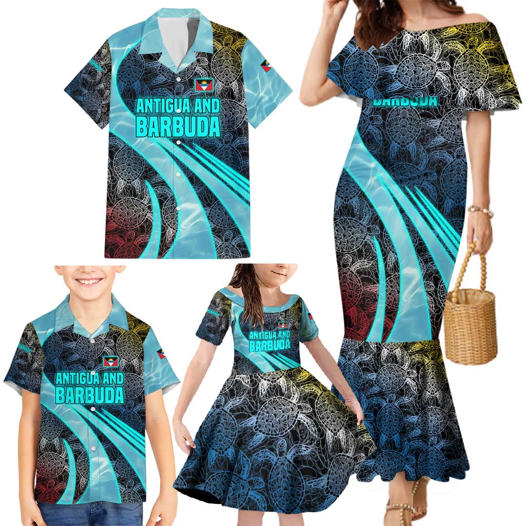 Antigua and Barbuda Sea Turtle Family Matching Mermaid Dress and Hawaiian Shirt with Tribal Mandala Design with Ocean Waves and National Flag - Wonder Print Shop