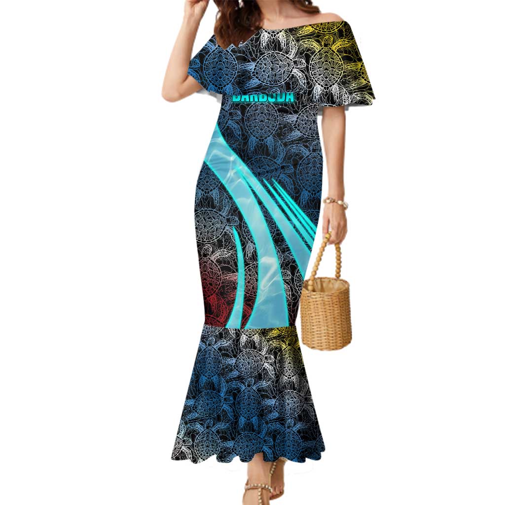 Antigua and Barbuda Sea Turtle Family Matching Mermaid Dress and Hawaiian Shirt with Tribal Mandala Design with Ocean Waves and National Flag - Wonder Print Shop