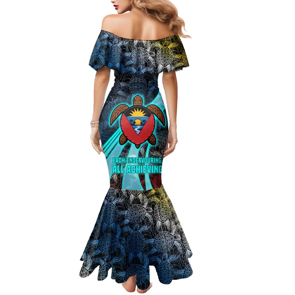 Antigua and Barbuda Sea Turtle Family Matching Mermaid Dress and Hawaiian Shirt with Tribal Mandala Design with Ocean Waves and National Flag - Wonder Print Shop