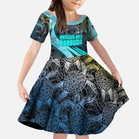 Antigua and Barbuda Sea Turtle Family Matching Off The Shoulder Long Sleeve Dress and Hawaiian Shirt with Tribal Mandala Design with Ocean Waves and National Flag - Wonder Print Shop