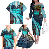 Antigua and Barbuda Sea Turtle Family Matching Off The Shoulder Long Sleeve Dress and Hawaiian Shirt with Tribal Mandala Design with Ocean Waves and National Flag - Wonder Print Shop