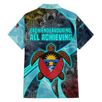 Antigua and Barbuda Sea Turtle Family Matching Off The Shoulder Long Sleeve Dress and Hawaiian Shirt with Tribal Mandala Design with Ocean Waves and National Flag - Wonder Print Shop