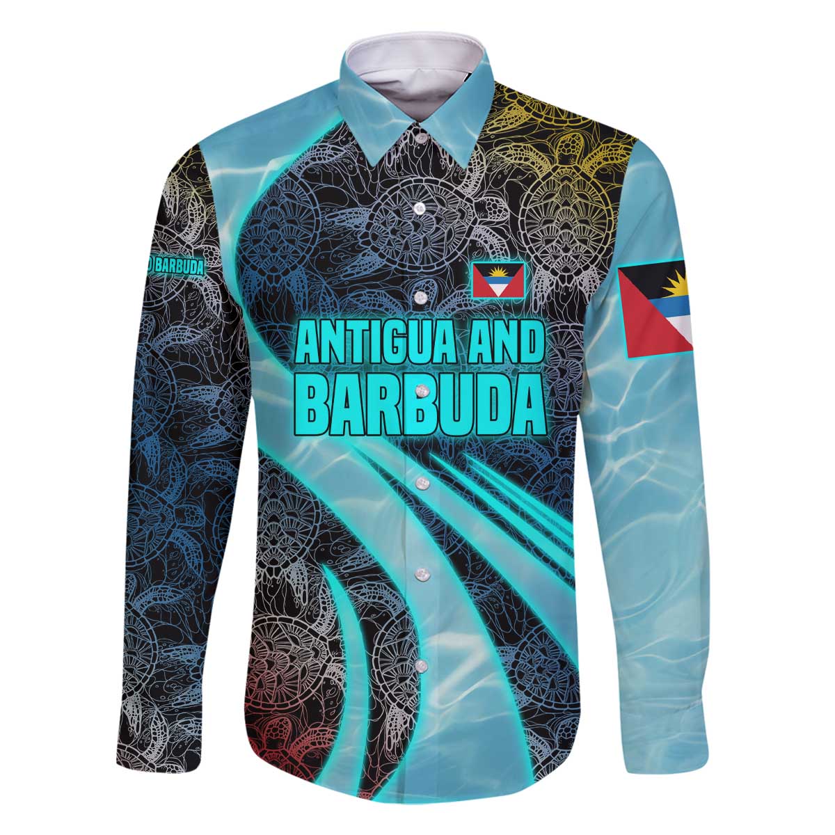 Antigua and Barbuda Sea Turtle Family Matching Off The Shoulder Long Sleeve Dress and Hawaiian Shirt with Tribal Mandala Design with Ocean Waves and National Flag - Wonder Print Shop