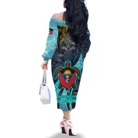 Antigua and Barbuda Sea Turtle Family Matching Off The Shoulder Long Sleeve Dress and Hawaiian Shirt with Tribal Mandala Design with Ocean Waves and National Flag - Wonder Print Shop