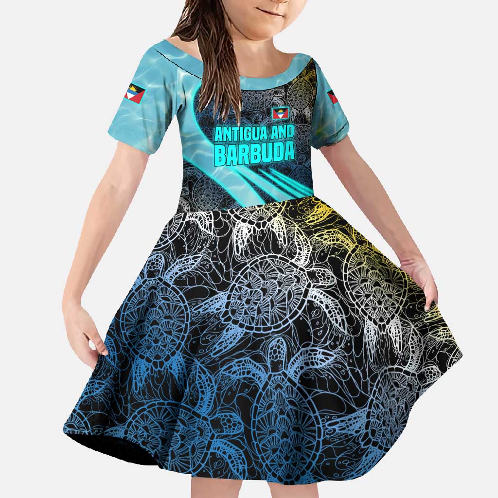 Antigua and Barbuda Sea Turtle Family Matching Off Shoulder Maxi Dress and Hawaiian Shirt with Tribal Mandala Design with Ocean Waves and National Flag - Wonder Print Shop