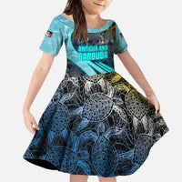 Antigua and Barbuda Sea Turtle Family Matching Off Shoulder Maxi Dress and Hawaiian Shirt with Tribal Mandala Design with Ocean Waves and National Flag - Wonder Print Shop