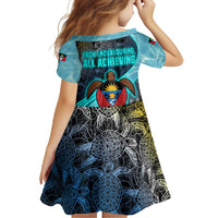 Antigua and Barbuda Sea Turtle Family Matching Off Shoulder Maxi Dress and Hawaiian Shirt with Tribal Mandala Design with Ocean Waves and National Flag - Wonder Print Shop