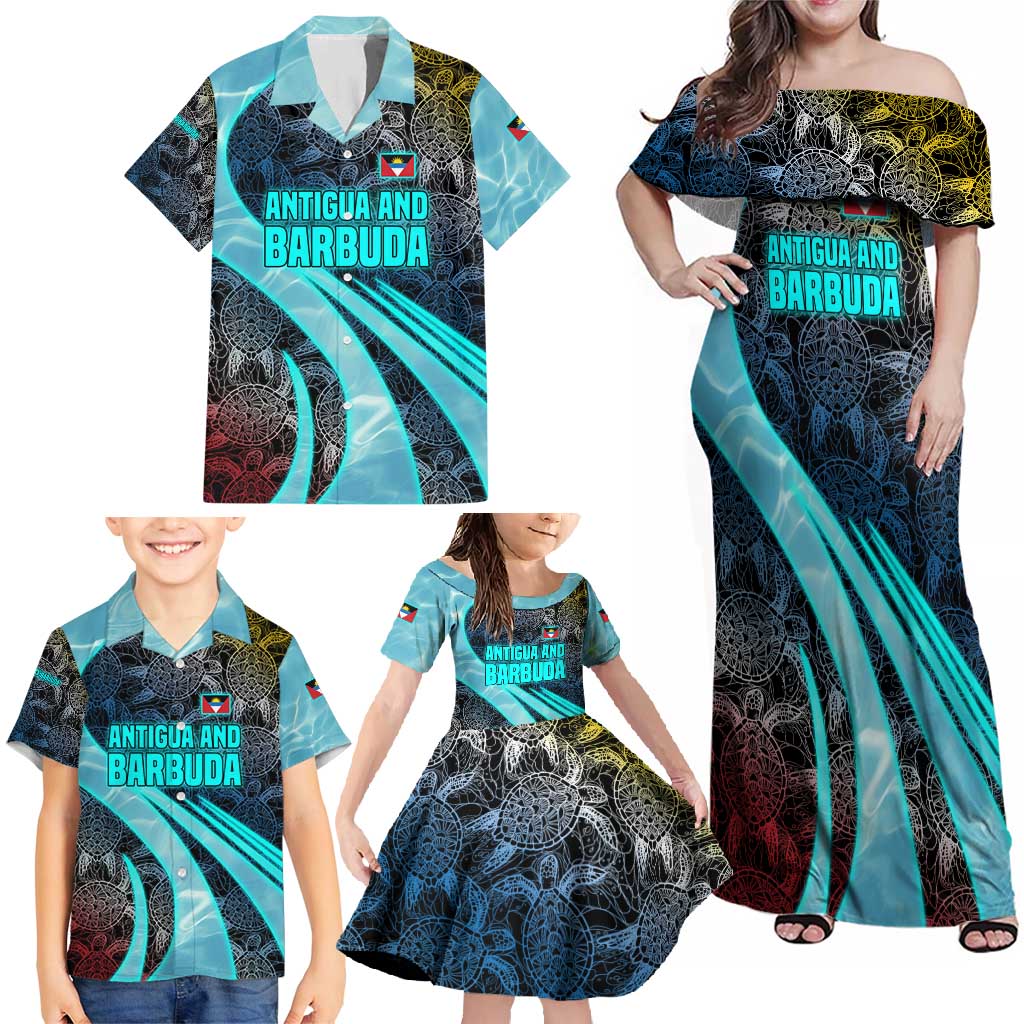 Antigua and Barbuda Sea Turtle Family Matching Off Shoulder Maxi Dress and Hawaiian Shirt with Tribal Mandala Design with Ocean Waves and National Flag - Wonder Print Shop