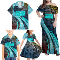 Antigua and Barbuda Sea Turtle Family Matching Off Shoulder Maxi Dress and Hawaiian Shirt with Tribal Mandala Design with Ocean Waves and National Flag - Wonder Print Shop