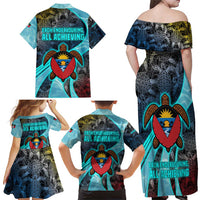 Antigua and Barbuda Sea Turtle Family Matching Off Shoulder Maxi Dress and Hawaiian Shirt with Tribal Mandala Design with Ocean Waves and National Flag - Wonder Print Shop