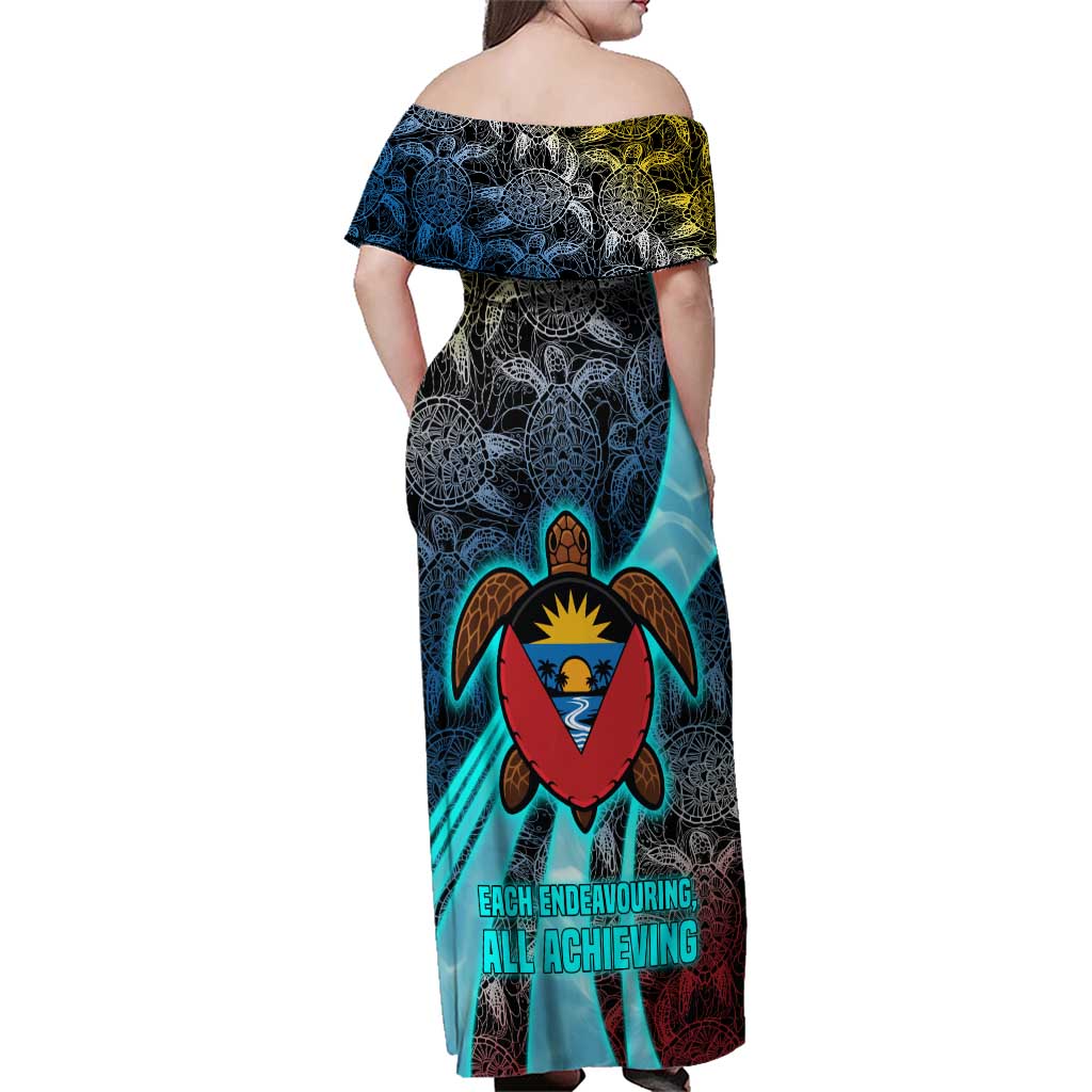 Antigua and Barbuda Sea Turtle Family Matching Off Shoulder Maxi Dress and Hawaiian Shirt with Tribal Mandala Design with Ocean Waves and National Flag - Wonder Print Shop