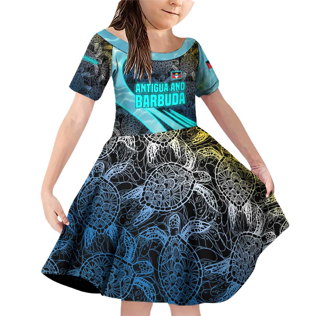 Antigua and Barbuda Sea Turtle Family Matching Off Shoulder Short Dress and Hawaiian Shirt with Tribal Mandala Design with Ocean Waves and National Flag - Wonder Print Shop
