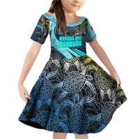 Antigua and Barbuda Sea Turtle Family Matching Off Shoulder Short Dress and Hawaiian Shirt with Tribal Mandala Design with Ocean Waves and National Flag - Wonder Print Shop