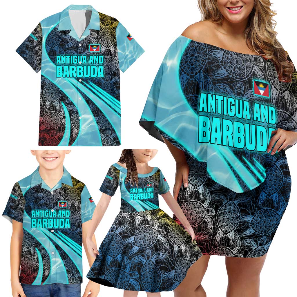 Antigua and Barbuda Sea Turtle Family Matching Off Shoulder Short Dress and Hawaiian Shirt with Tribal Mandala Design with Ocean Waves and National Flag - Wonder Print Shop
