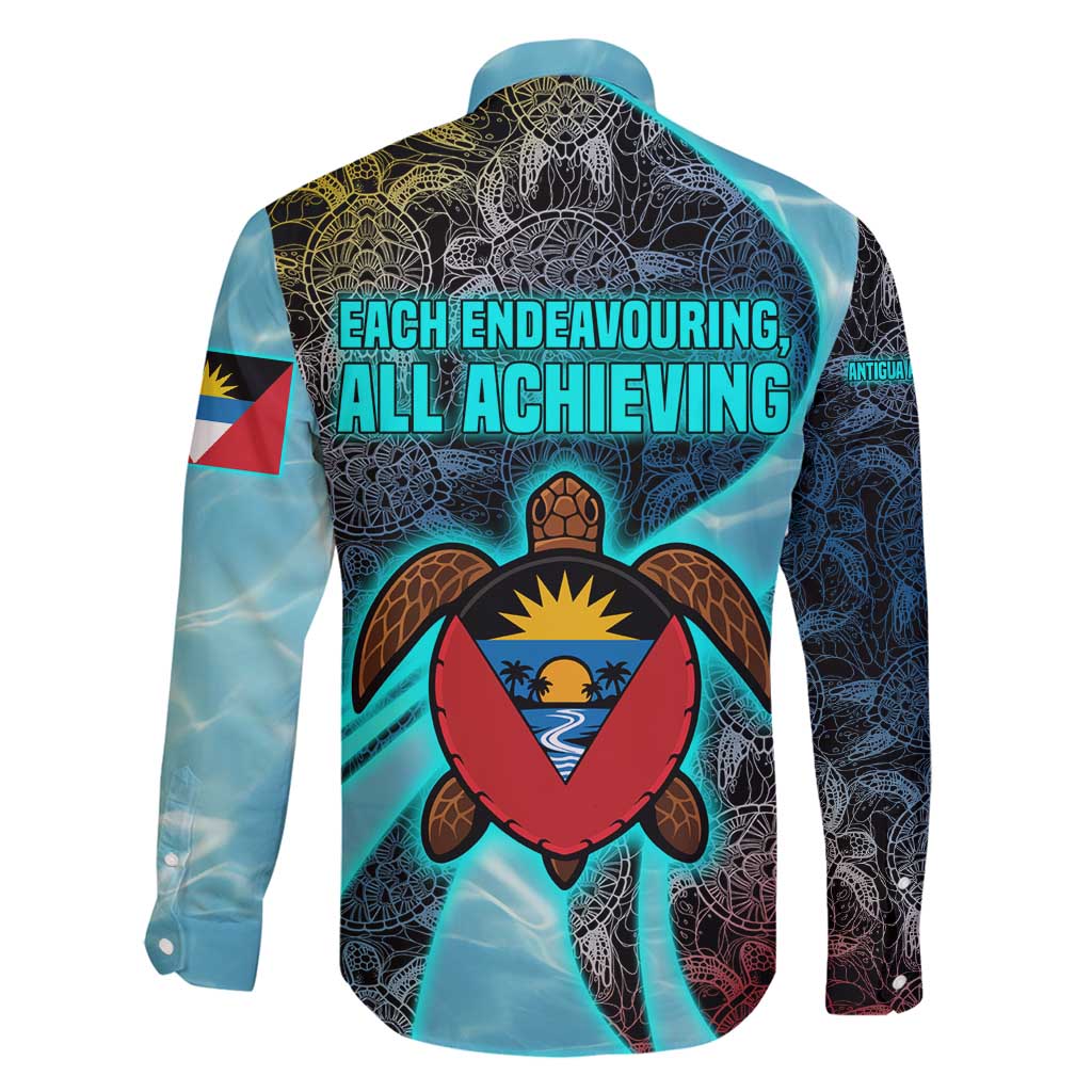 Antigua and Barbuda Sea Turtle Family Matching Off Shoulder Short Dress and Hawaiian Shirt with Tribal Mandala Design with Ocean Waves and National Flag - Wonder Print Shop