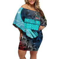 Antigua and Barbuda Sea Turtle Family Matching Off Shoulder Short Dress and Hawaiian Shirt with Tribal Mandala Design with Ocean Waves and National Flag - Wonder Print Shop