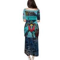 Antigua and Barbuda Sea Turtle Family Matching Puletasi and Hawaiian Shirt with Tribal Mandala Design with Ocean Waves and National Flag - Wonder Print Shop