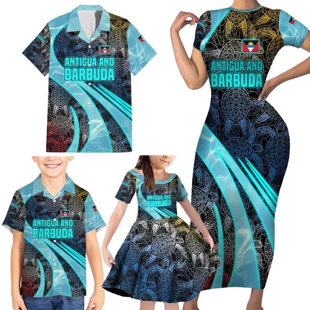 Antigua and Barbuda Sea Turtle Family Matching Short Sleeve Bodycon Dress and Hawaiian Shirt with Tribal Mandala Design with Ocean Waves and National Flag - Wonder Print Shop