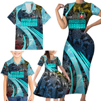 Antigua and Barbuda Sea Turtle Family Matching Short Sleeve Bodycon Dress and Hawaiian Shirt with Tribal Mandala Design with Ocean Waves and National Flag - Wonder Print Shop