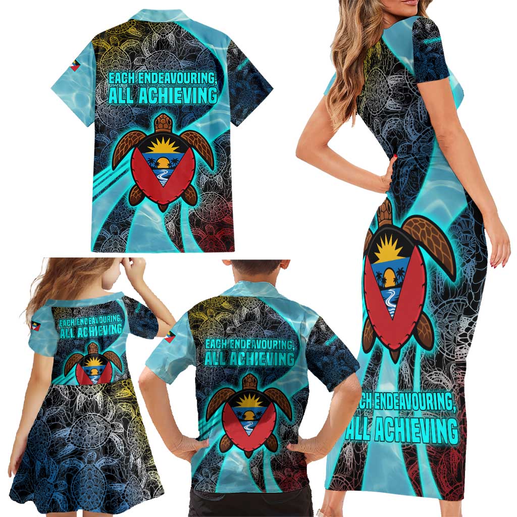 Antigua and Barbuda Sea Turtle Family Matching Short Sleeve Bodycon Dress and Hawaiian Shirt with Tribal Mandala Design with Ocean Waves and National Flag - Wonder Print Shop