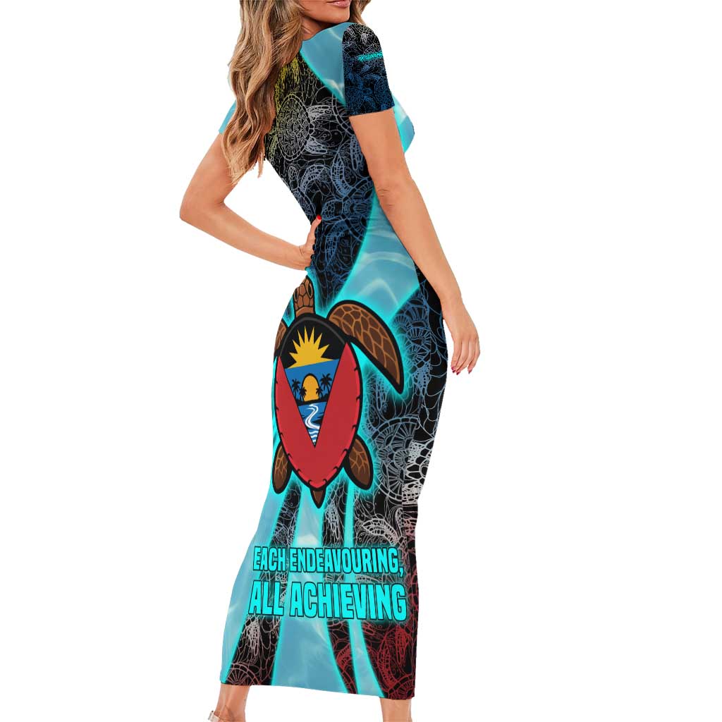Antigua and Barbuda Sea Turtle Family Matching Short Sleeve Bodycon Dress and Hawaiian Shirt with Tribal Mandala Design with Ocean Waves and National Flag - Wonder Print Shop