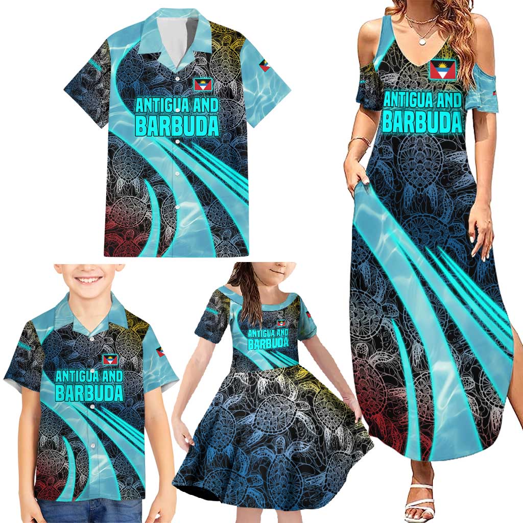 Antigua and Barbuda Sea Turtle Family Matching Summer Maxi Dress and Hawaiian Shirt with Tribal Mandala Design with Ocean Waves and National Flag - Wonder Print Shop