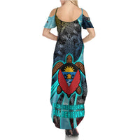 Antigua and Barbuda Sea Turtle Family Matching Summer Maxi Dress and Hawaiian Shirt with Tribal Mandala Design with Ocean Waves and National Flag - Wonder Print Shop