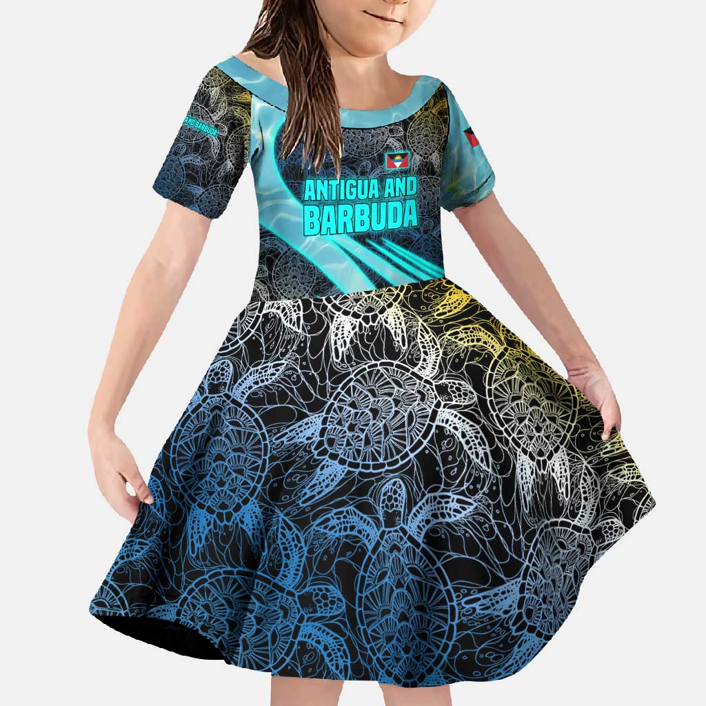 Antigua and Barbuda Sea Turtle Family Matching Tank Maxi Dress and Hawaiian Shirt with Tribal Mandala Design with Ocean Waves and National Flag - Wonder Print Shop