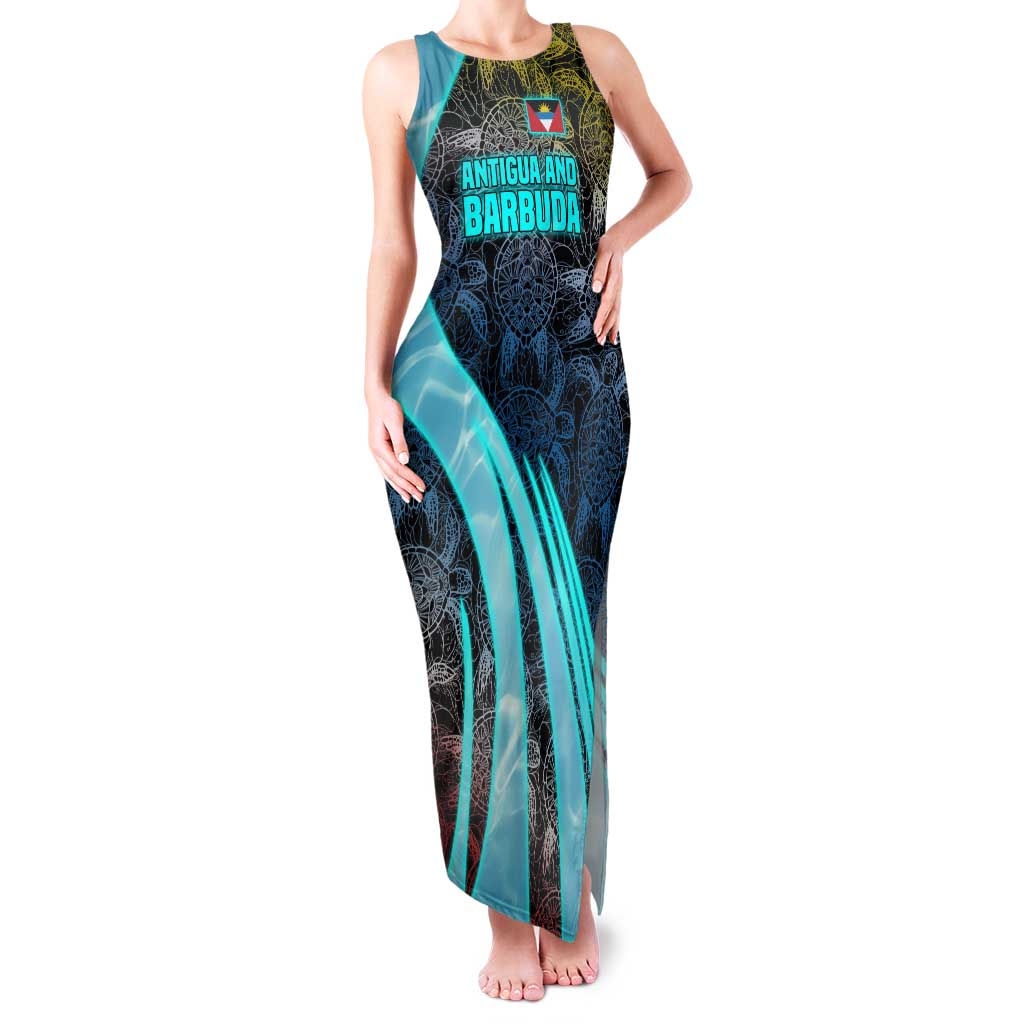 Antigua and Barbuda Sea Turtle Family Matching Tank Maxi Dress and Hawaiian Shirt with Tribal Mandala Design with Ocean Waves and National Flag - Wonder Print Shop