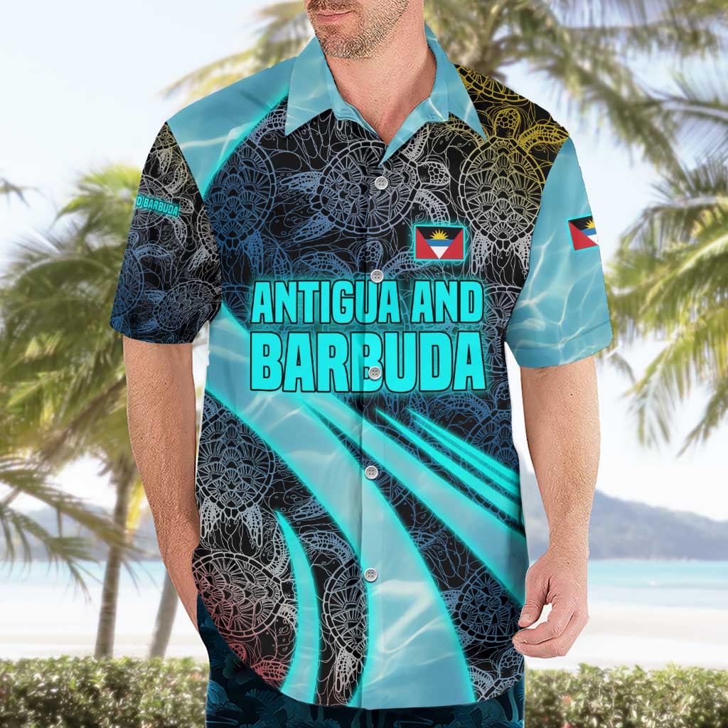 Antigua and Barbuda Sea Turtle Hawaiian Shirt with Tribal Mandala Design with Ocean Waves and National Flag - Wonder Print Shop