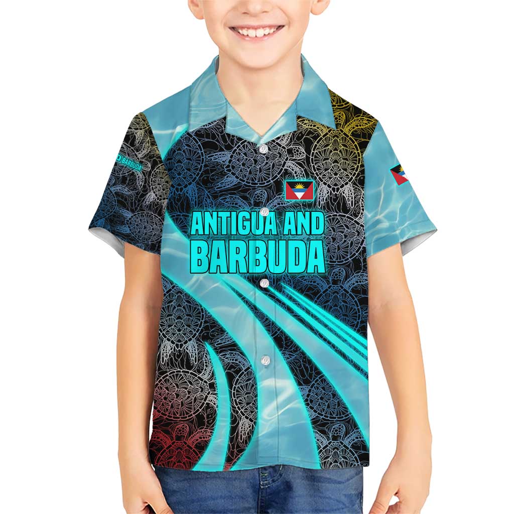 Antigua and Barbuda Sea Turtle Kid Hawaiian Shirt with Tribal Mandala Design with Ocean Waves and National Flag - Wonder Print Shop