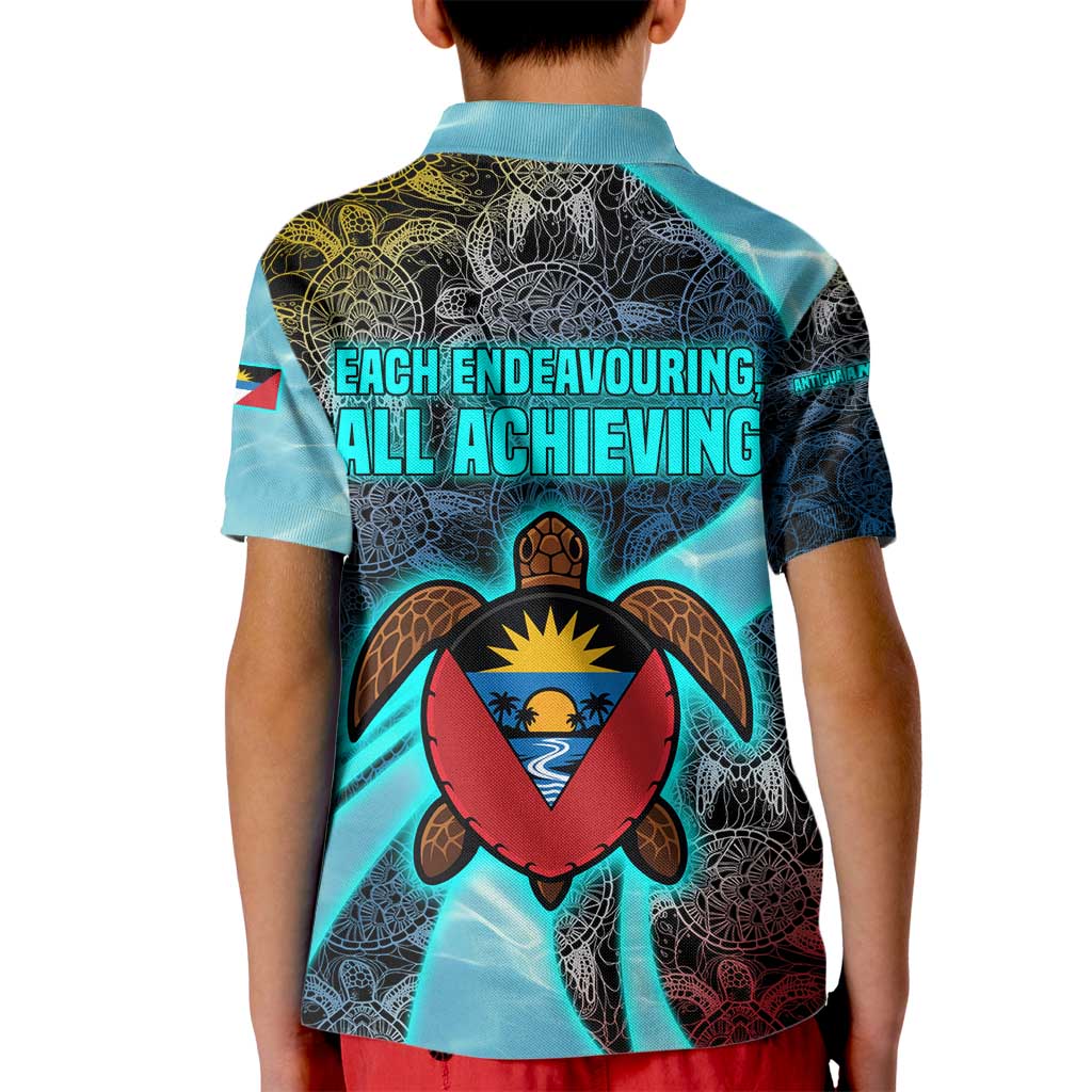 Antigua and Barbuda Sea Turtle Kid Polo Shirt with Tribal Mandala Design with Ocean Waves and National Flag - Wonder Print Shop