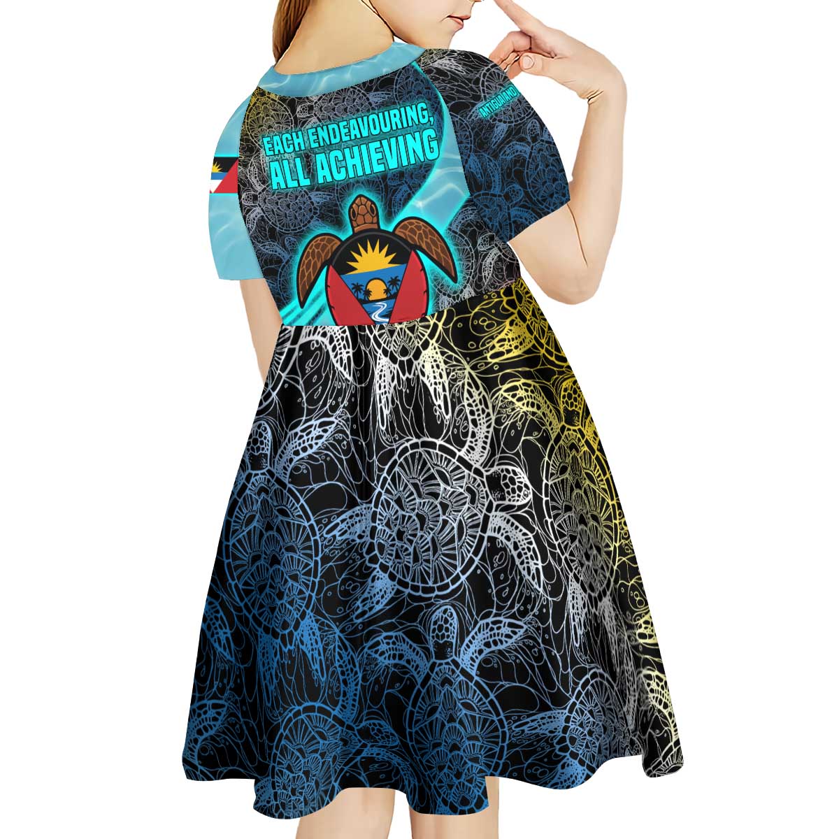 Antigua and Barbuda Sea Turtle Kid Short Sleeve Dress with Tribal Mandala Design with Ocean Waves and National Flag - Wonder Print Shop