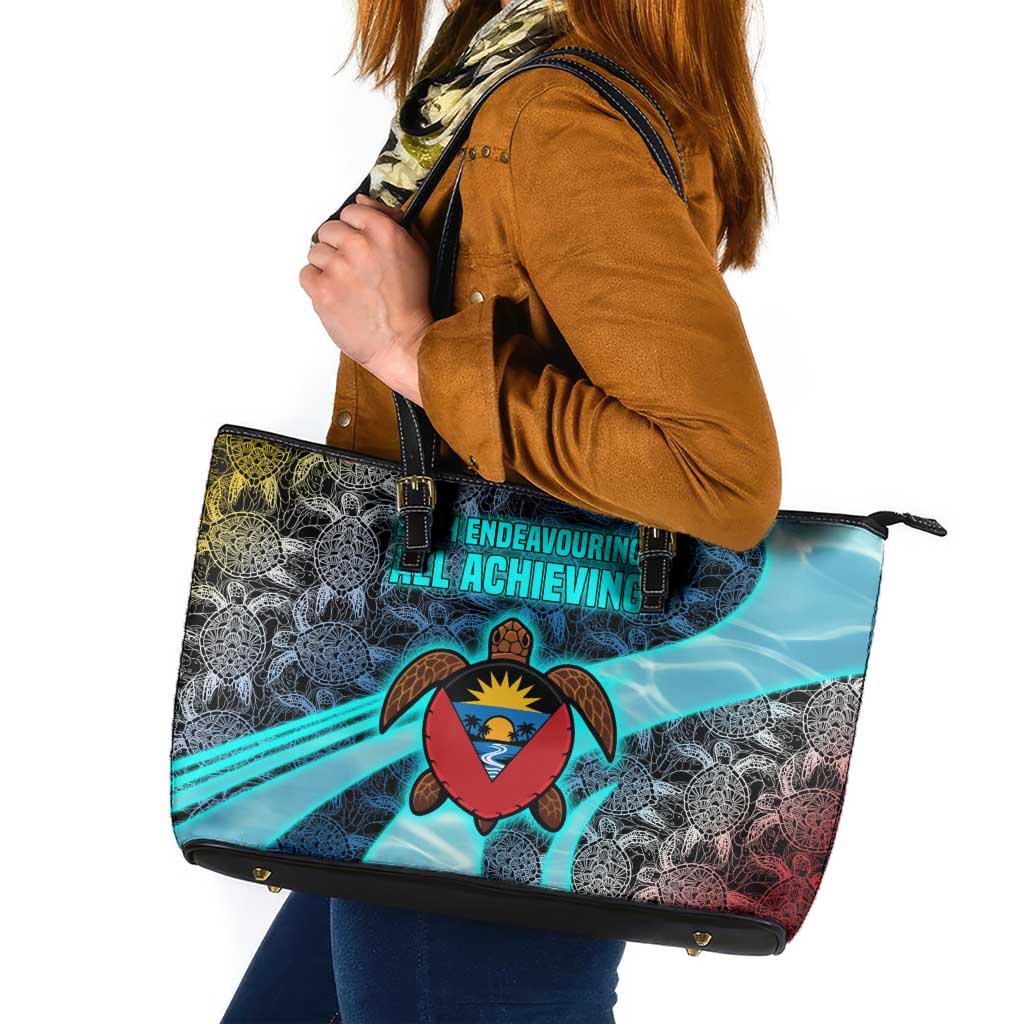 Antigua and Barbuda Sea Turtle Leather Tote Bag with Tribal Mandala Design with Ocean Waves and National Flag - Wonder Print Shop