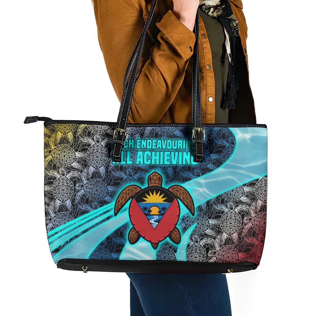 Antigua and Barbuda Sea Turtle Leather Tote Bag with Tribal Mandala Design with Ocean Waves and National Flag - Wonder Print Shop