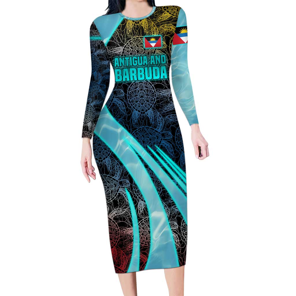 Antigua and Barbuda Sea Turtle Long Sleeve Bodycon Dress with Tribal Mandala Design with Ocean Waves and National Flag - Wonder Print Shop
